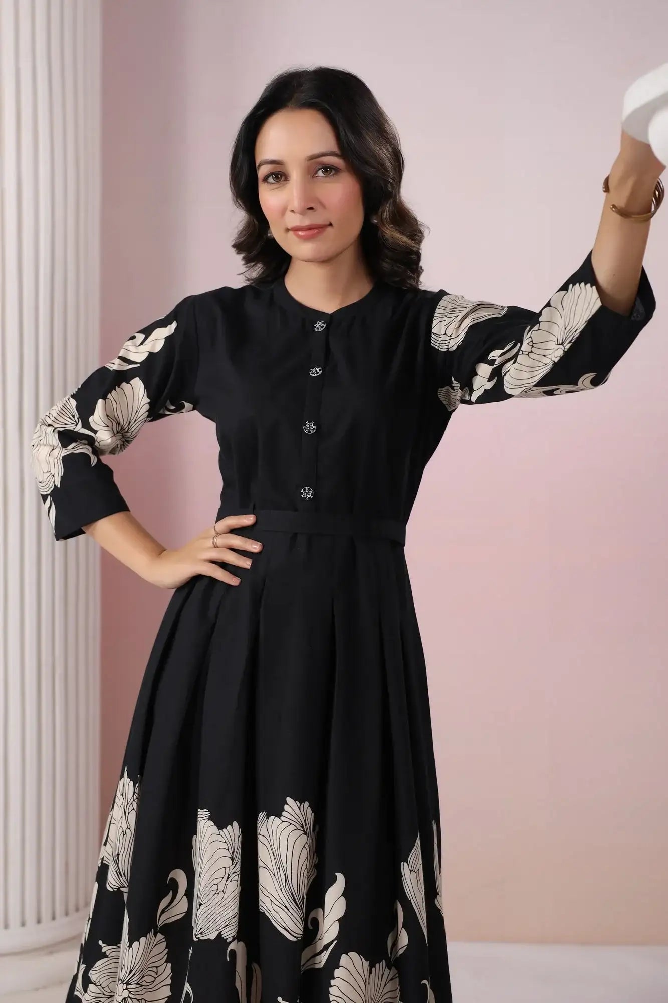 Blooming Lattice Russian Silk Black Dress