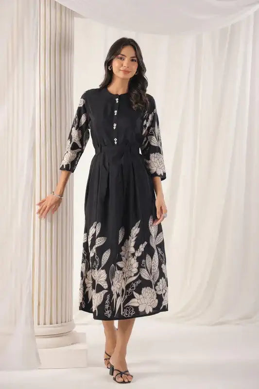 Noir Petal Grace Russian Silk Dress