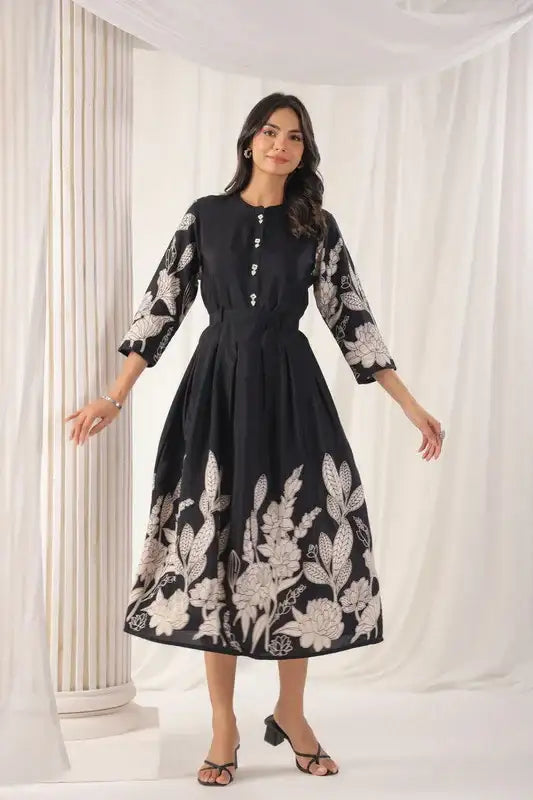 Noir Petal Grace Russian Silk Dress