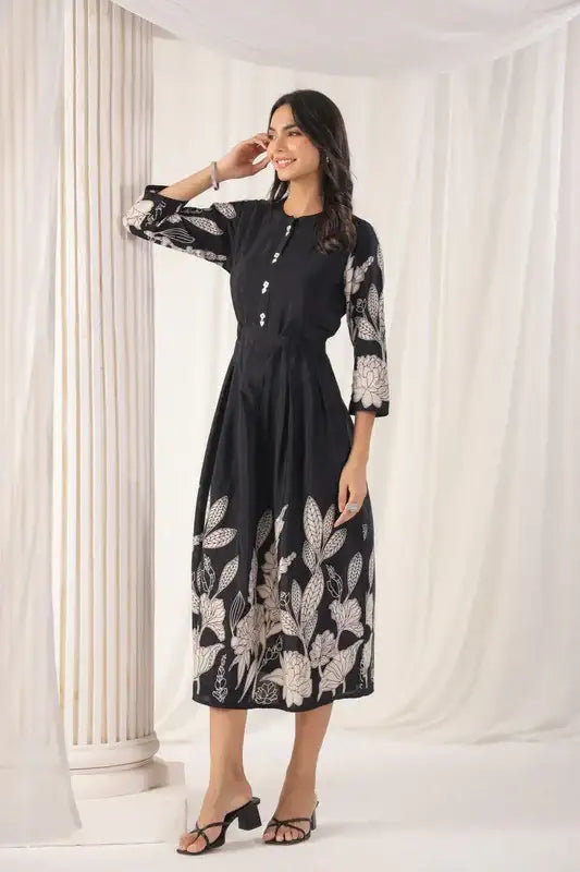 Noir Petal Grace Russian Silk Dress