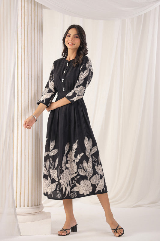 Noir Petal Grace Russian Silk Dress