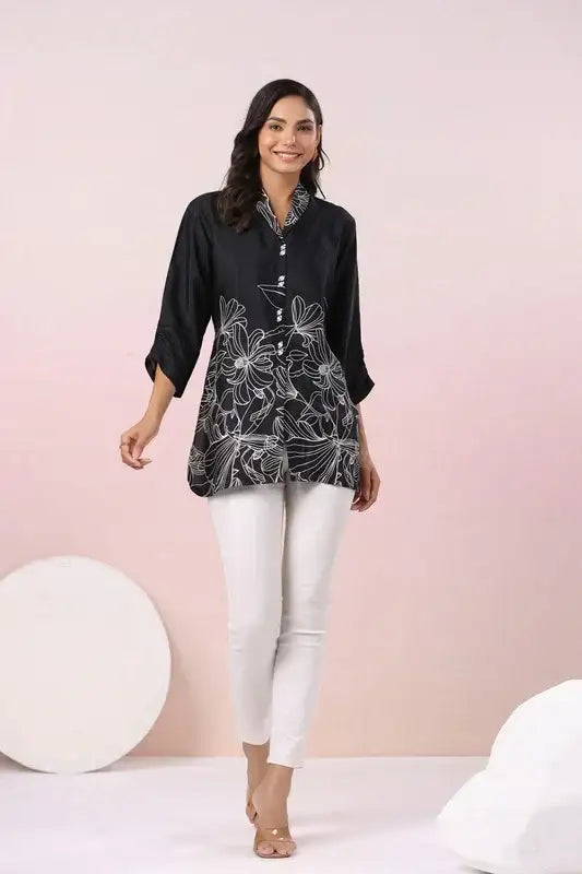 Chic Black Floral Russian Silk Top