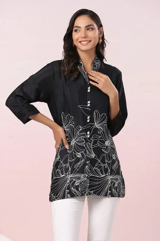 Chic Black Floral Russian Silk Top