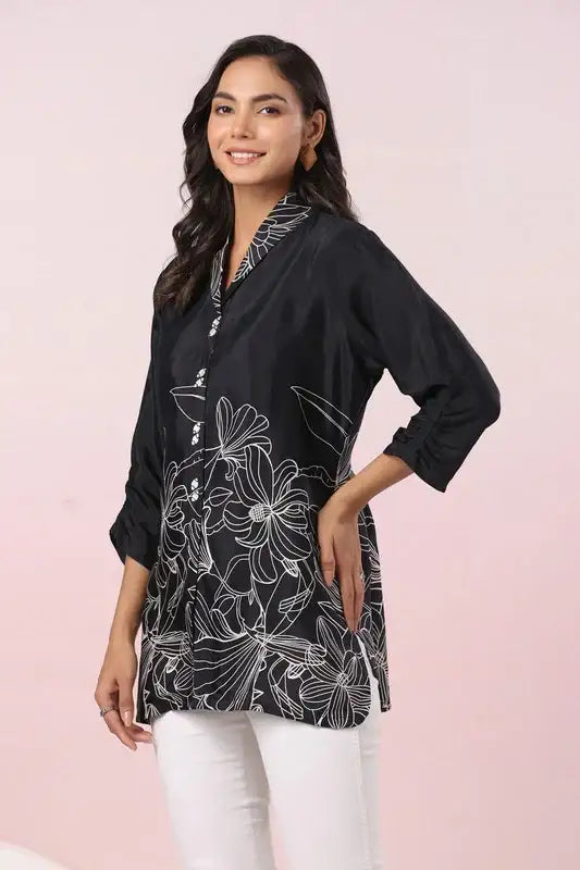 Chic Black Floral Russian Silk Top
