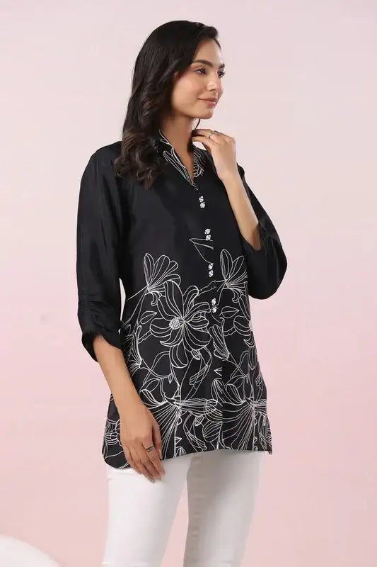 Chic Black Floral Russian Silk Top