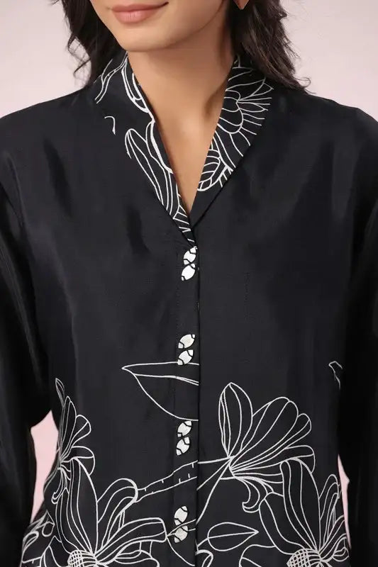 Chic Black Floral Russian Silk Top