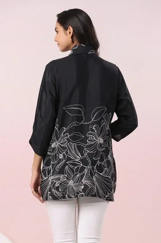 Chic Black Floral Russian Silk Top