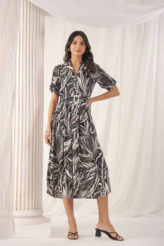 Chic Black and White Leaf Print Midi Russian Silk Dress