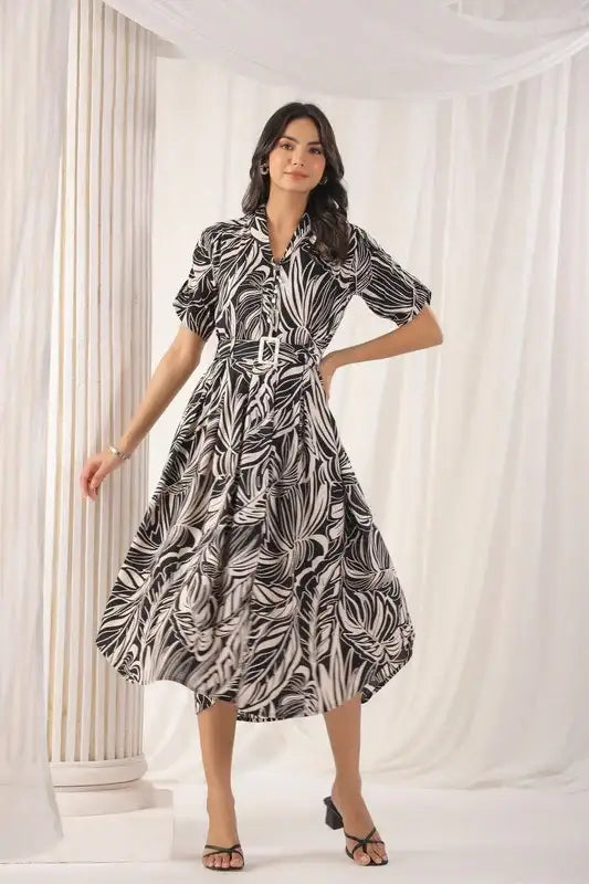 Chic Black and White Leaf Print Midi Russian Silk Dress