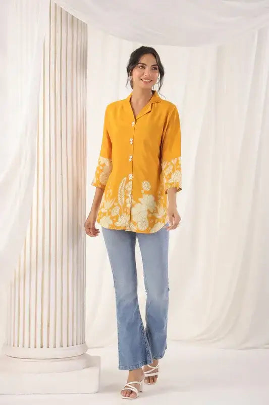 Mustard Floral Embellished Russian Silk Top