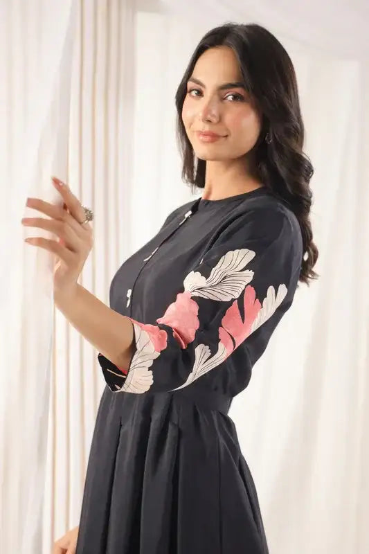 Black Floral Elegance Russian Silk Midi Dress