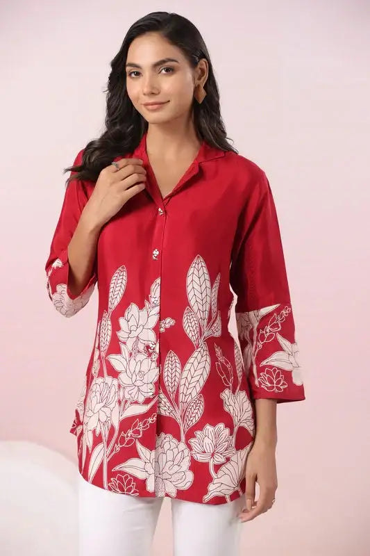 Elegant Maroon Russian Silk Floral Print Top