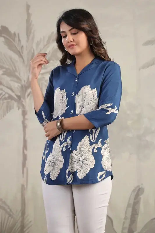 Elegant Floral Print Blue Tunic Russian Silk Top