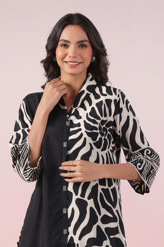 Monochrome Swirl Black Printed Russian Silk Co-ord Set