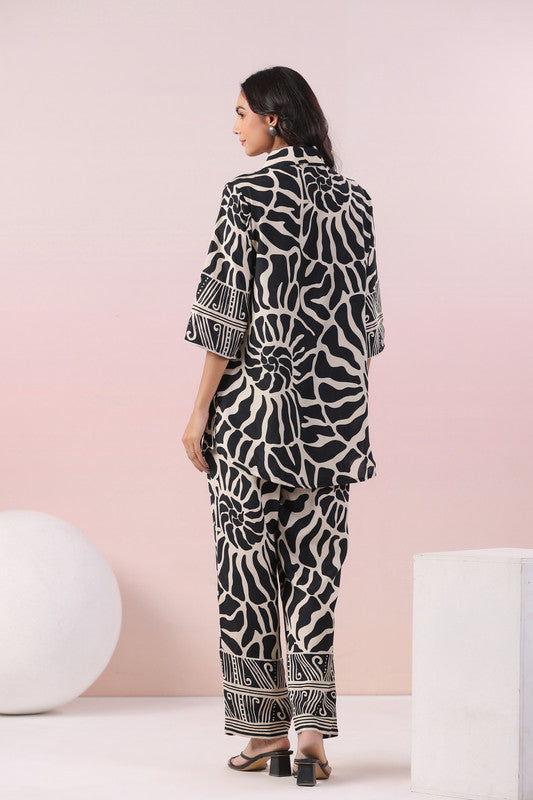 Monochrome Swirl Black Printed Russian Silk Co-ord Set