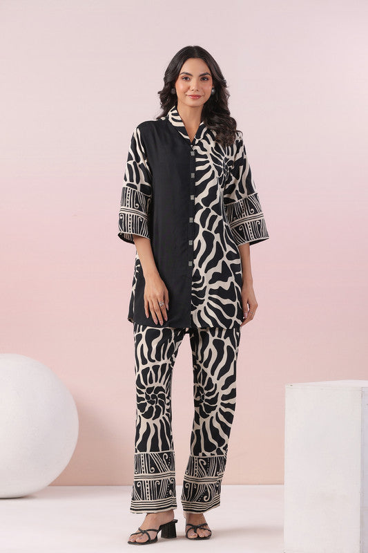 Monochrome Swirl Black Printed Russian Silk Co-ord Set