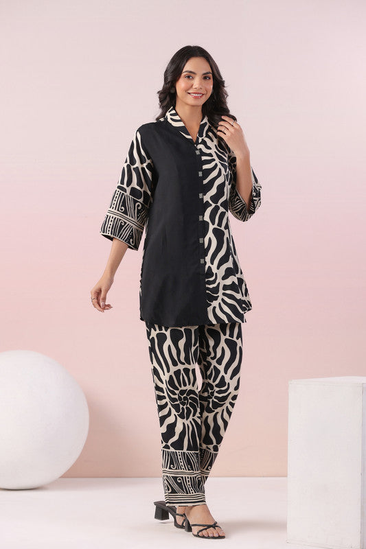 Monochrome Swirl Black Printed Russian Silk Co-ord Set