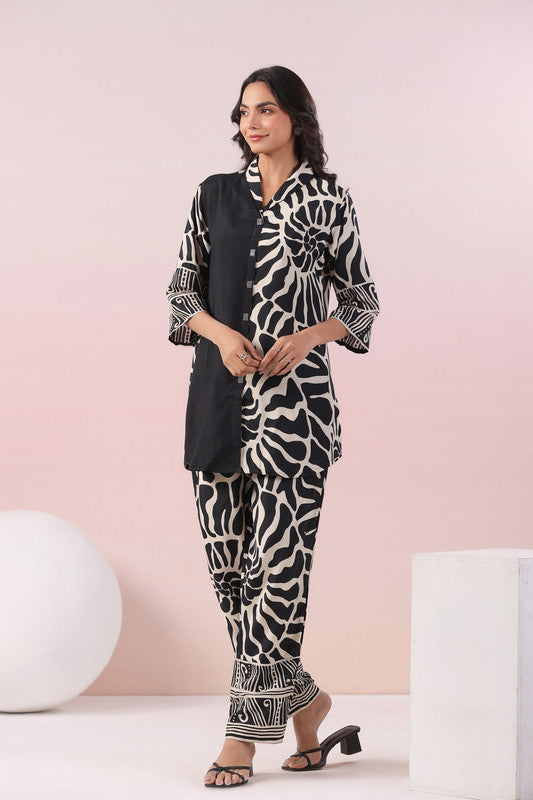 Monochrome Swirl Black Printed Russian Silk Co-ord Set