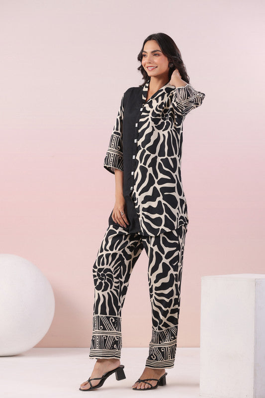 Monochrome Swirl Black Printed Russian Silk Co-ord Set