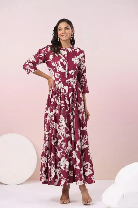 Elegant Wine Printed Maxi Russian Silk Dress
