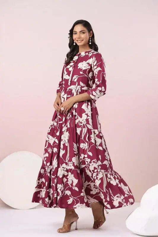 Elegant Wine Printed Maxi Russian Silk Dress