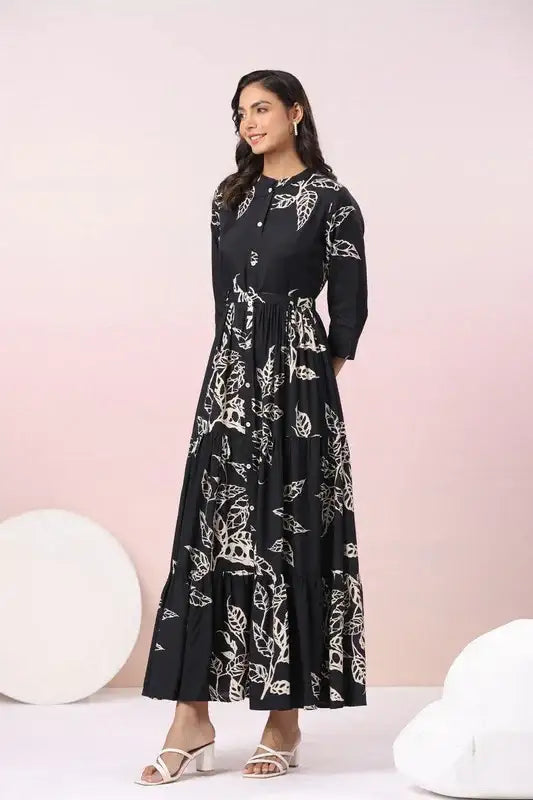 Black Floral Printed Russian Silk Maxi Dress