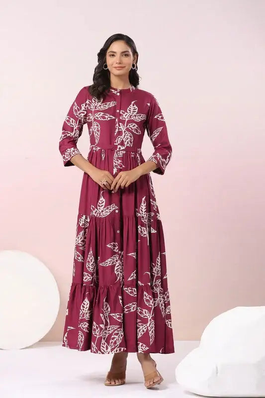 Wine Leafy Grace A Line Russian Silk Dress