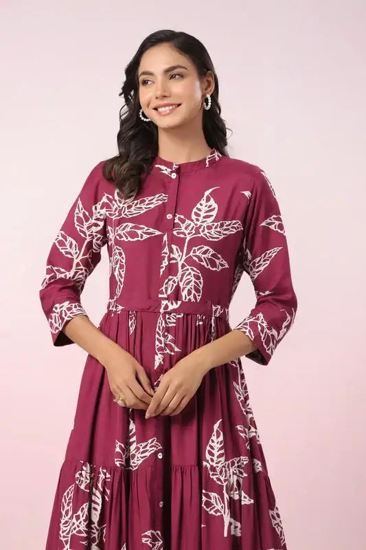 Wine Leafy Grace A Line Russian Silk Dress