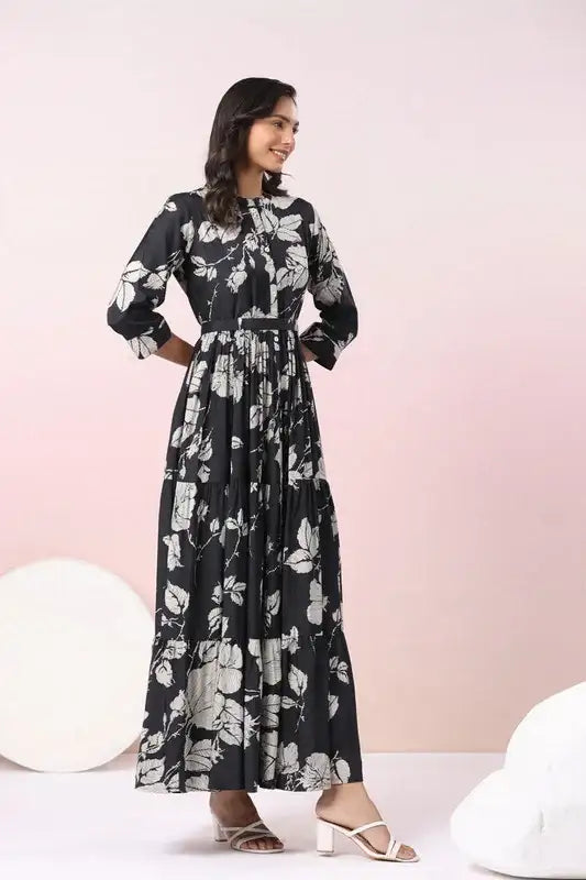 Midnight Blossom Maxi Noir Floral Dream Black Russian Silk Dress