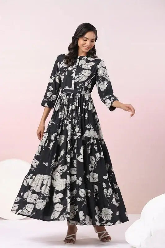 Midnight Blossom Maxi Noir Floral Dream Black Russian Silk Dress