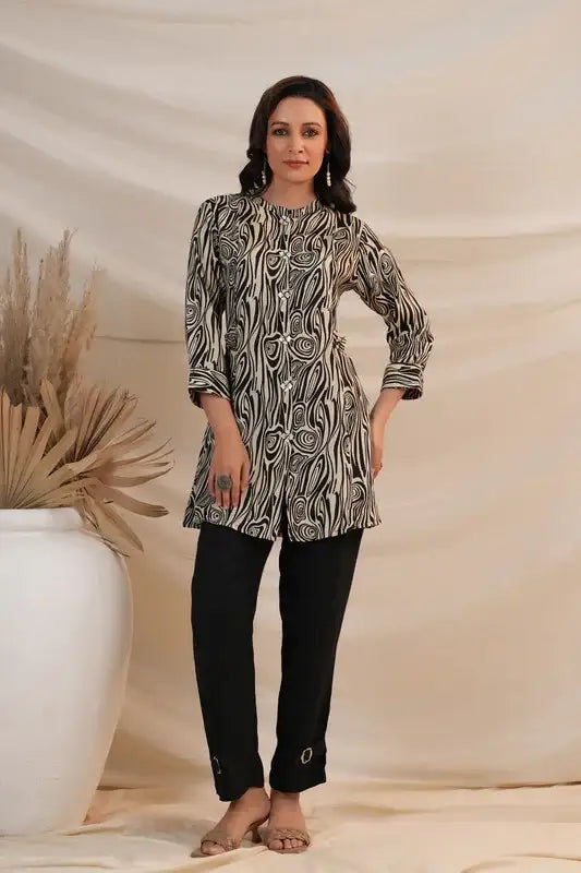 Black Monochrome Swirl Russian Silk Co-ord Set