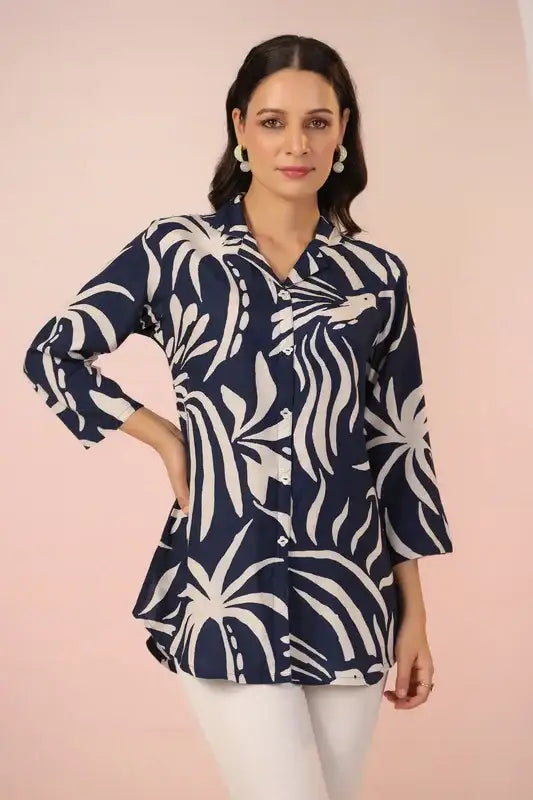 Navy Blue Serenity Leaf Bird Print Muslin Silk Shirt