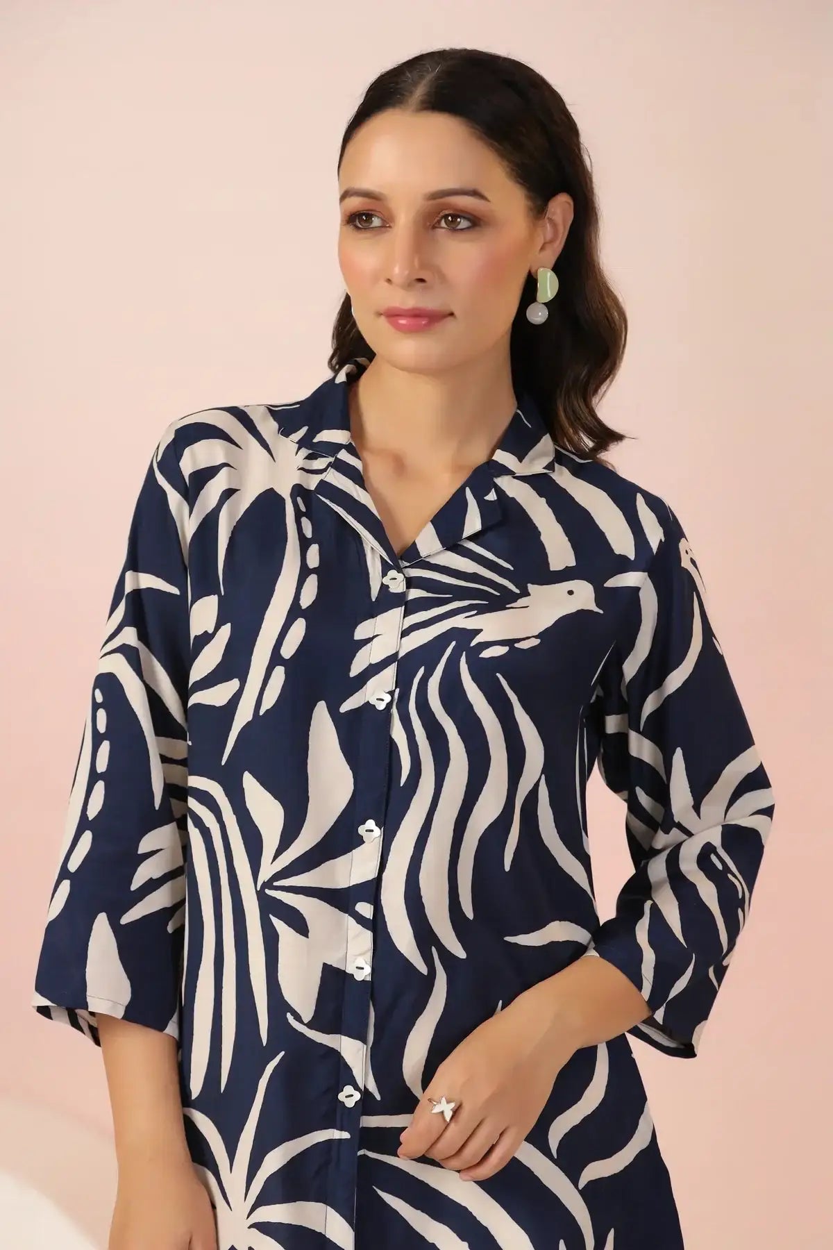 Navy Blue Serenity Leaf Bird Print Muslin Silk Shirt