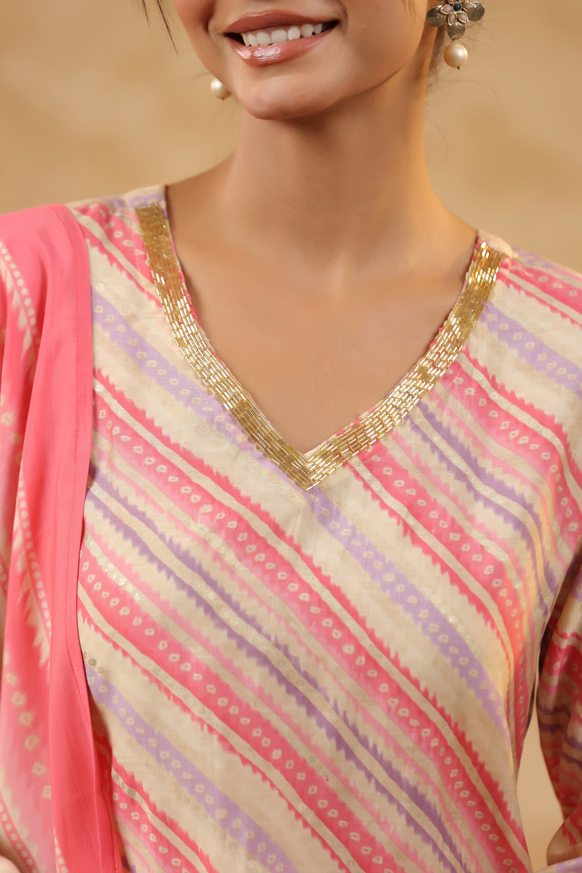 Blush Pink Diagonal Stripe Printed Russian Silk Kurta Pant Set with Dupatta