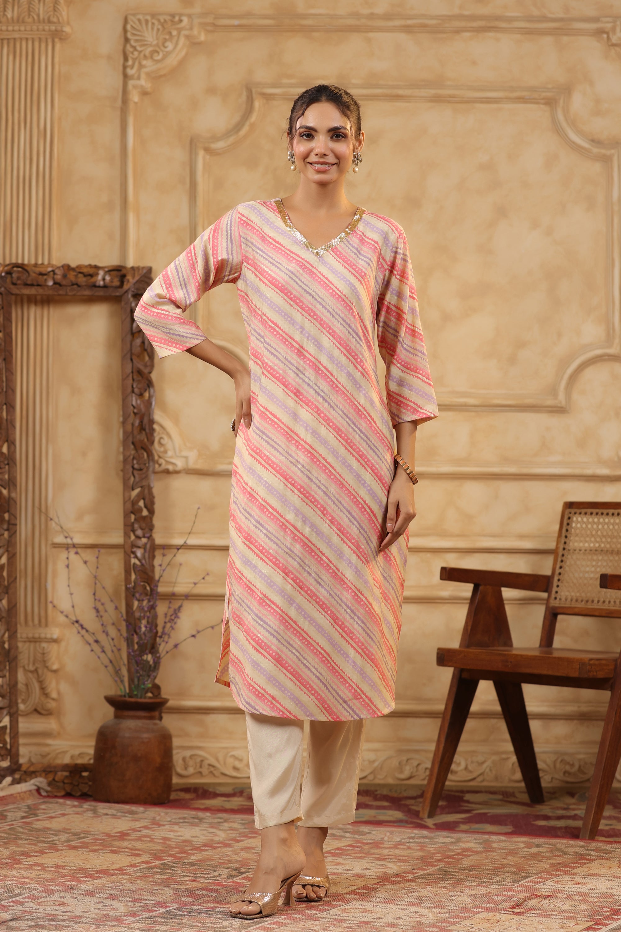 Blush Pink Diagonal Stripe Printed Russian Silk Kurta Pant Set with Dupatta