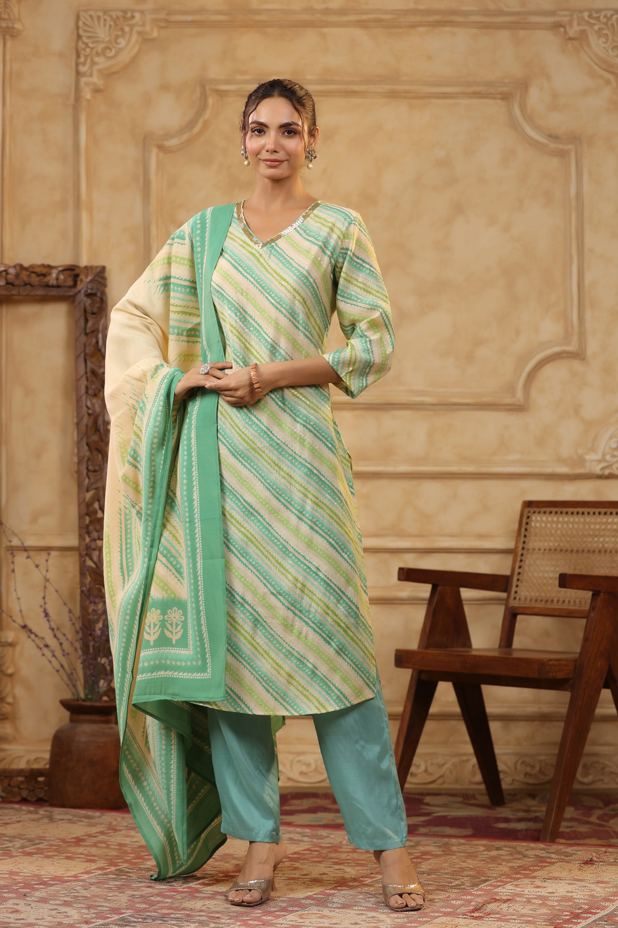 Green Leheriya Printed Russian Silk Straight Kurta Set with Dupatta