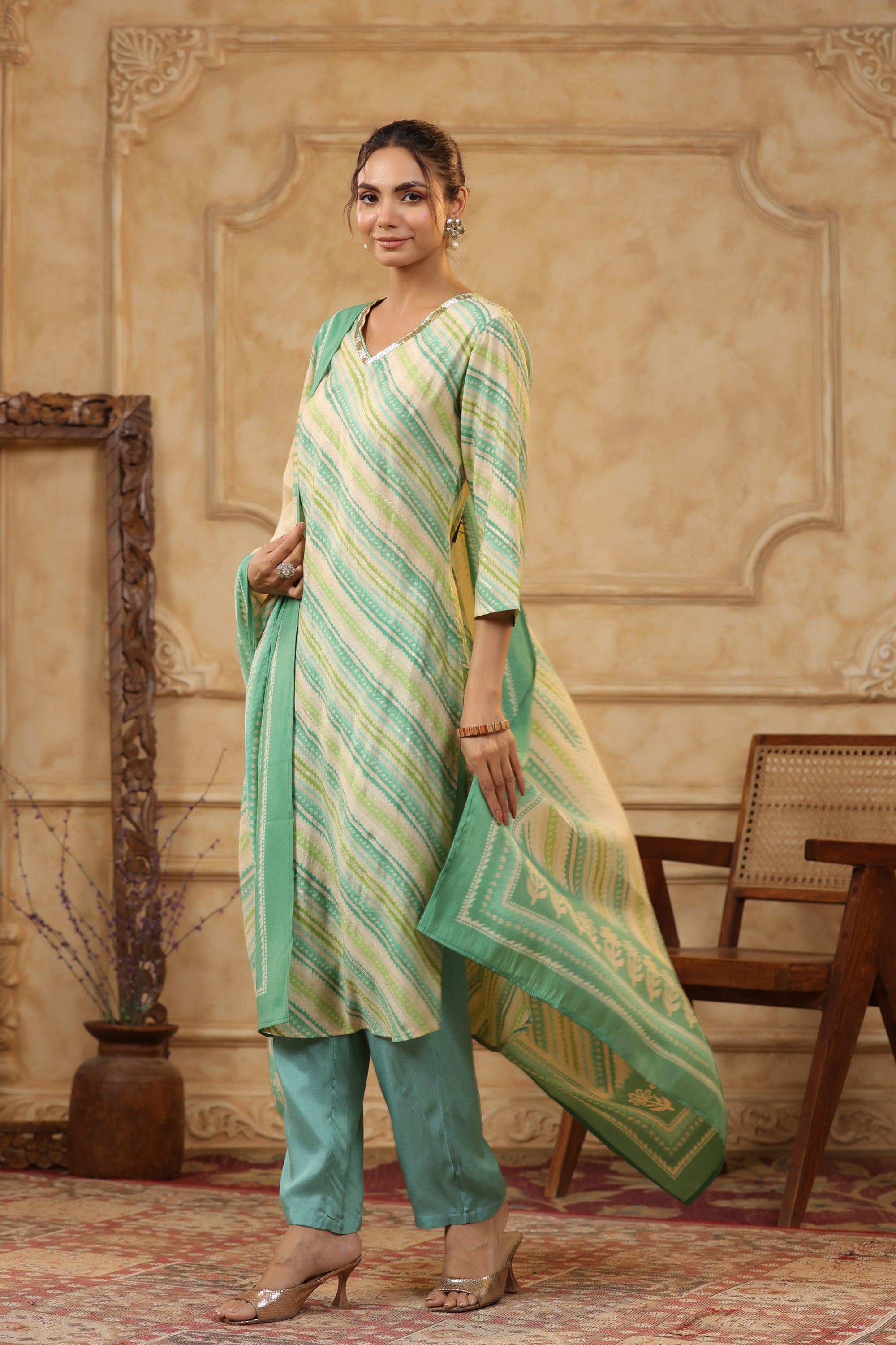 Green Leheriya Printed Russian Silk Straight Kurta Set with Dupatta