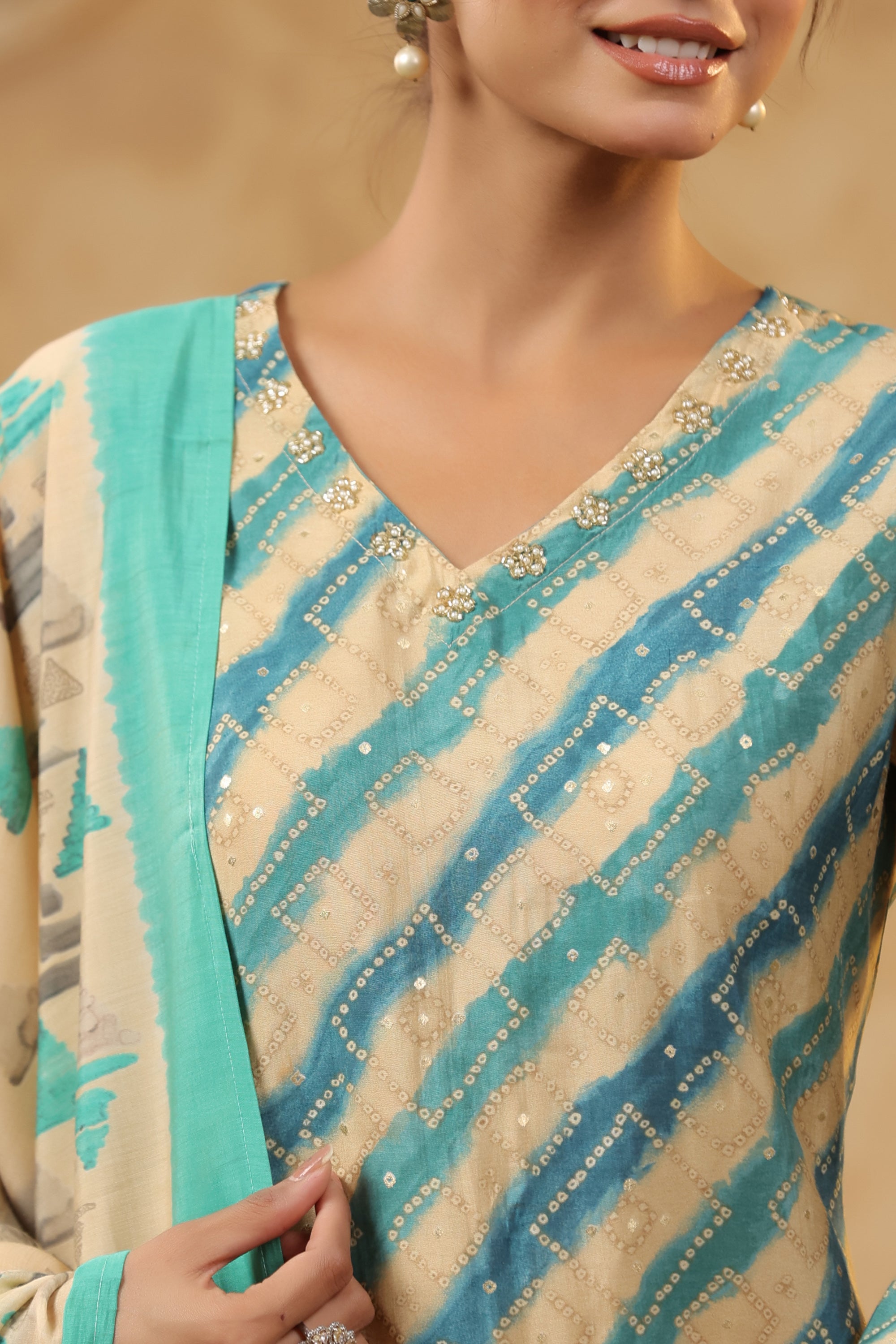 Multicolour Leheriya Printed Russian Silk Straight Kurta Set with Dupatta