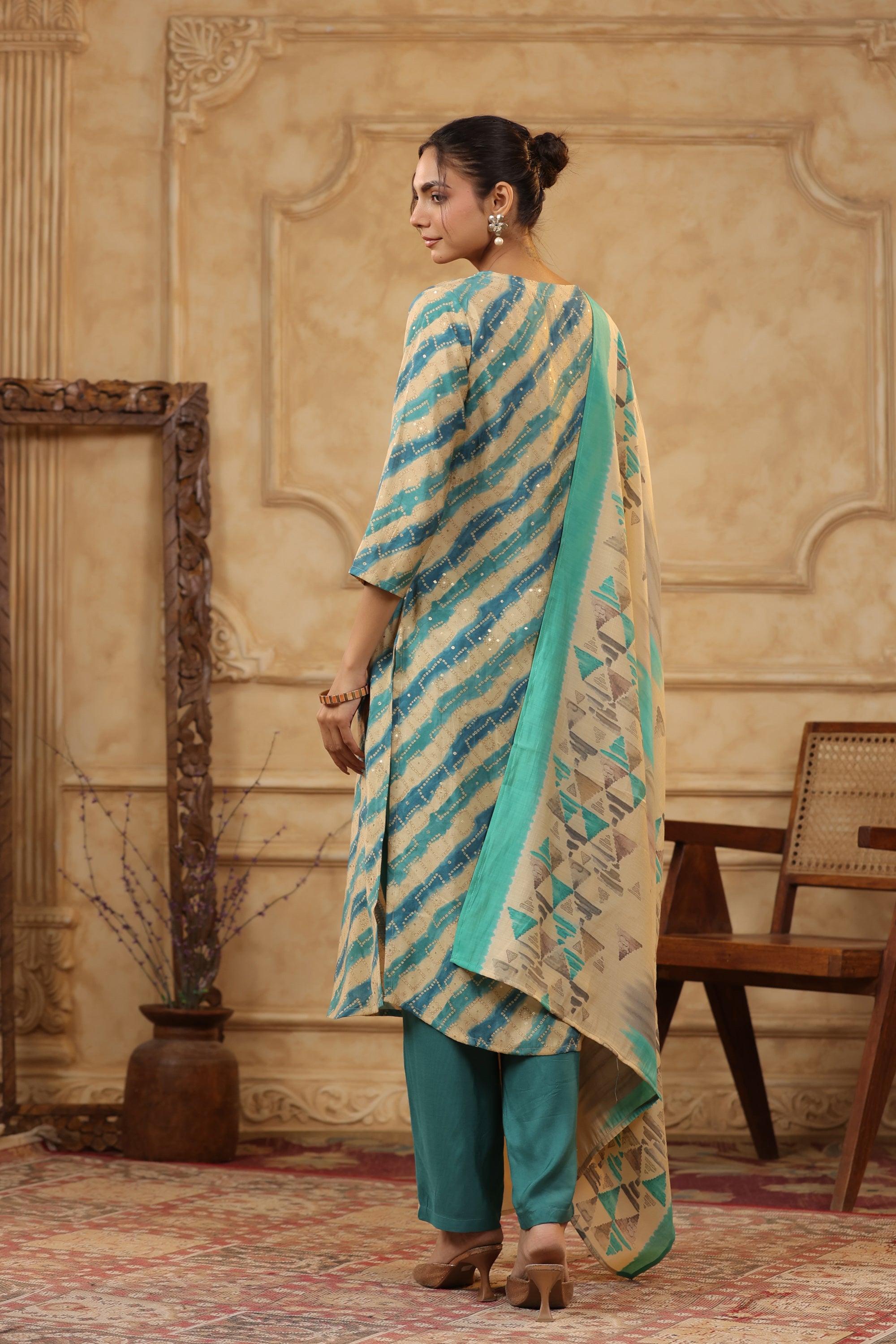 Multicolour Leheriya Printed Russian Silk Straight Kurta Set with Dupatta