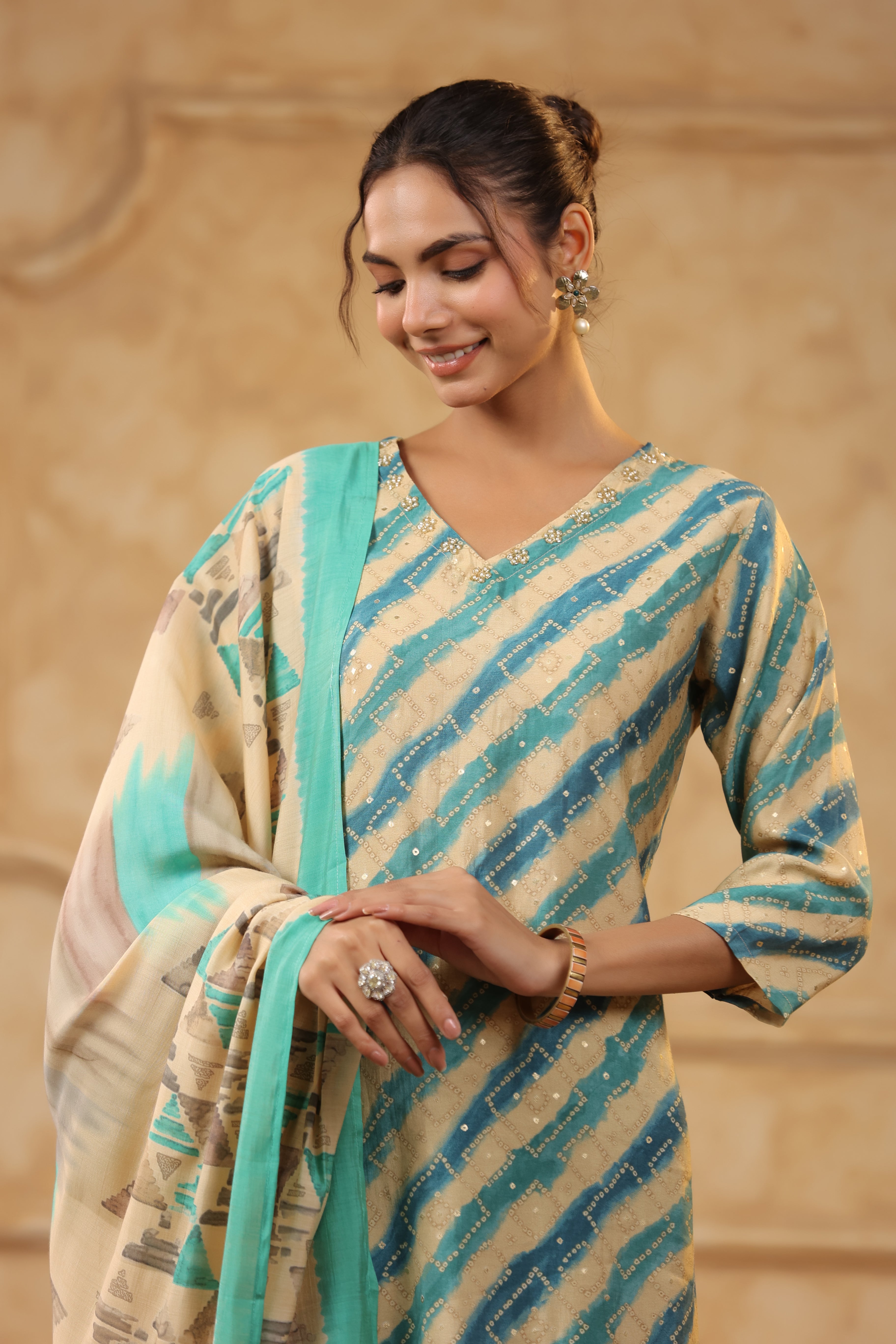 Multicolour Leheriya Printed Russian Silk Straight Kurta Set with Dupatta