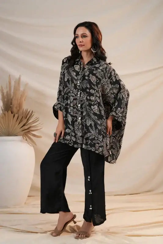 Black Botanical Luxe Natural Crepe Russian Co-ord Set