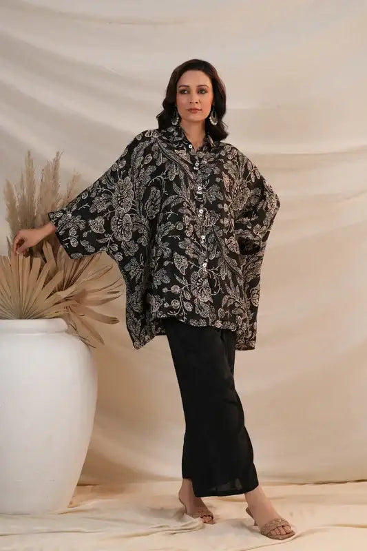 Black Botanical Luxe Natural Crepe Russian Co-ord Set