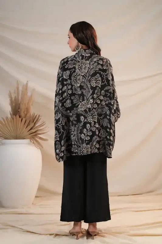 Black Botanical Luxe Natural Crepe Russian Co-ord Set