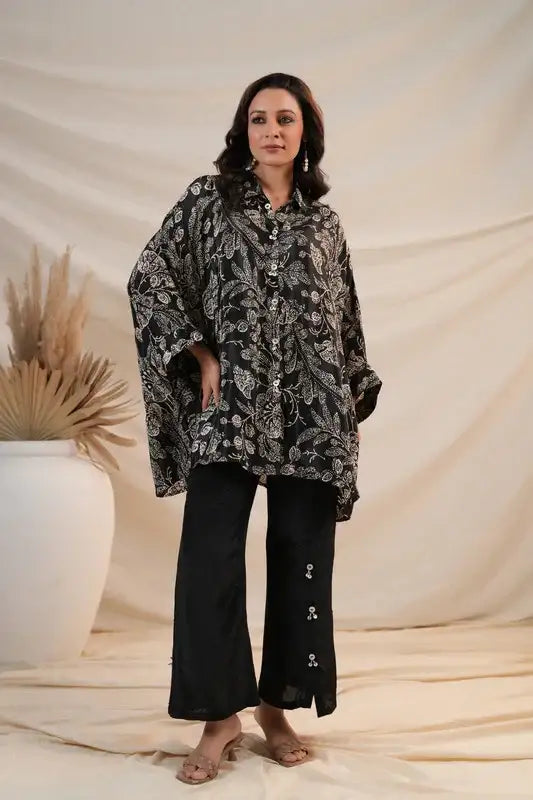 Black Botanical Luxe Natural Crepe Russian Co-ord Set