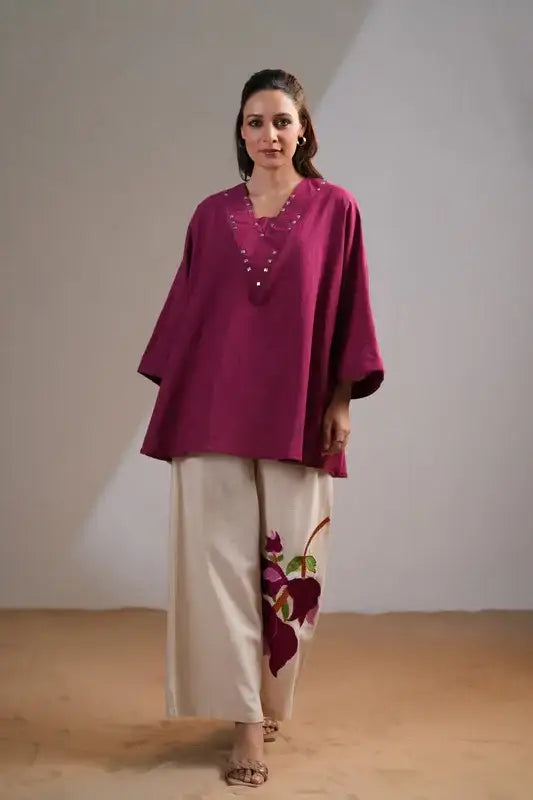 Wine Blossom Elegance Cotton Flex Co-ord Set