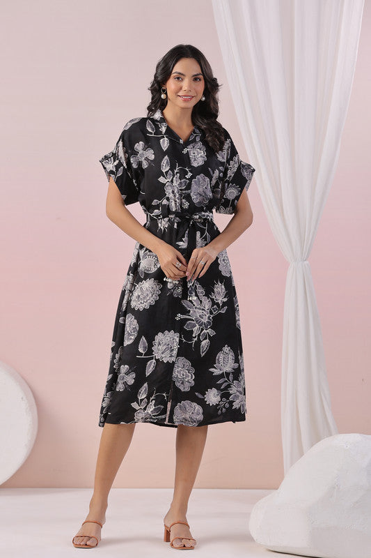 Black Blossom Ease Russian Silk Dress