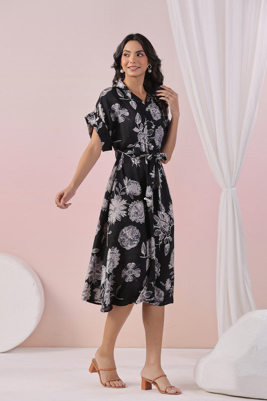 Black Blossom Ease Russian Silk Dress