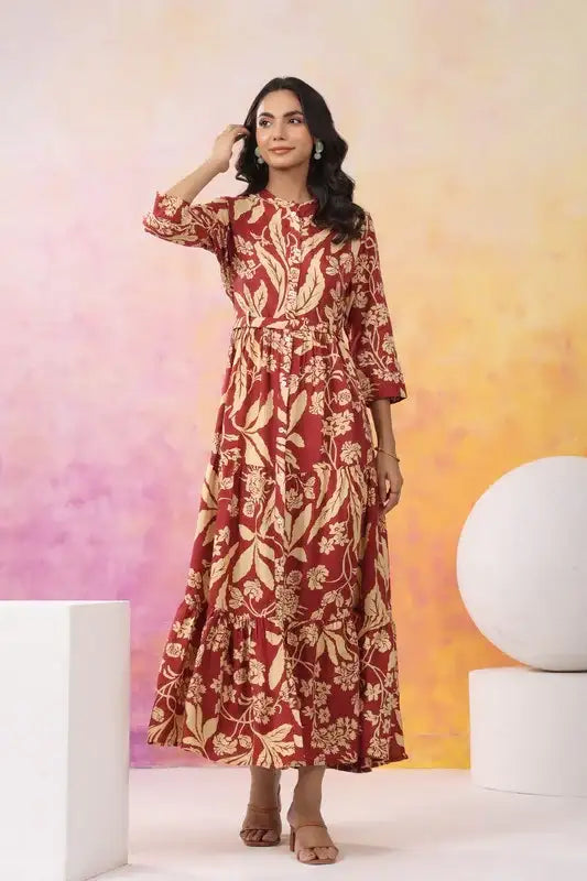 Crimson Bloom Maxi Russain Silk Dress