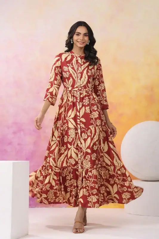 Crimson Bloom Maxi Russain Silk Dress