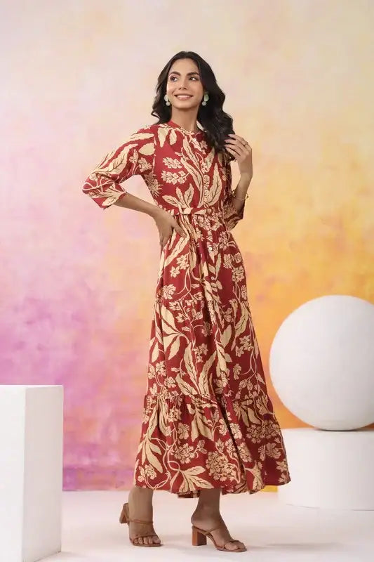 Crimson Bloom Maxi Russain Silk Dress